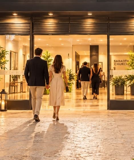Casal de mãos dadas entrando na Sabaoth Church ao entardecer, entre limoeiros e lanternas acesas