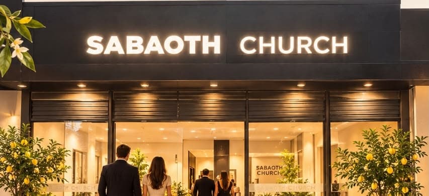 Fachada iluminada da Sabaoth Church com o letreiro aceso